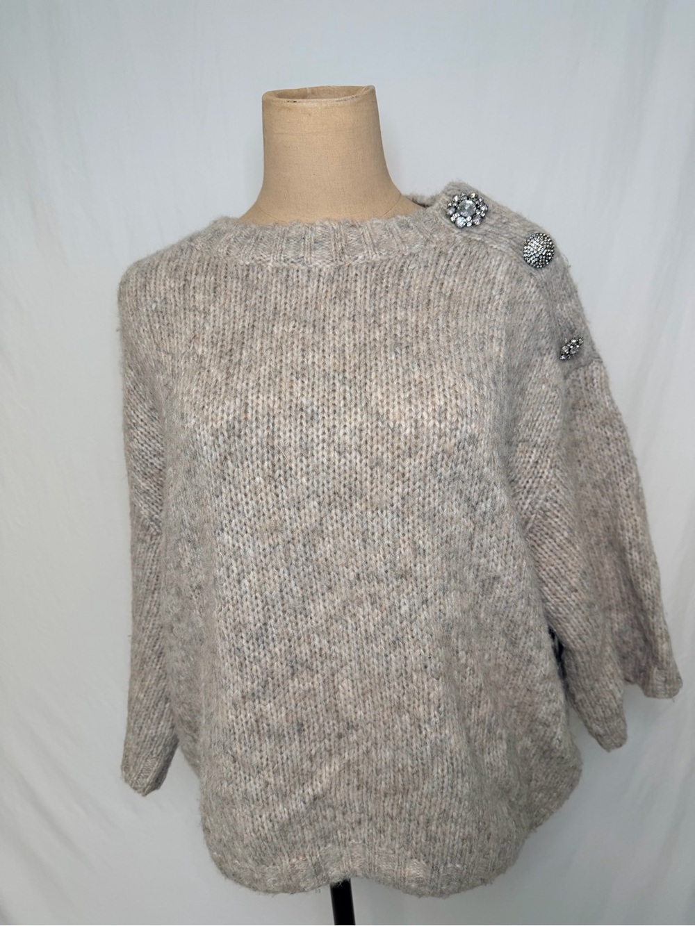 ba&sh Champagne-Beige Crewneck Sweater with Decorative Shoulder Buttons